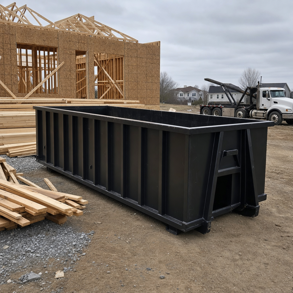 Matte-black 40-yard roll-off dumpster staged on a framed-out residential construction site in Dayton, framing lumber stacked nearby, hooklift delivery truck visible in the background under bright Colorado daylight