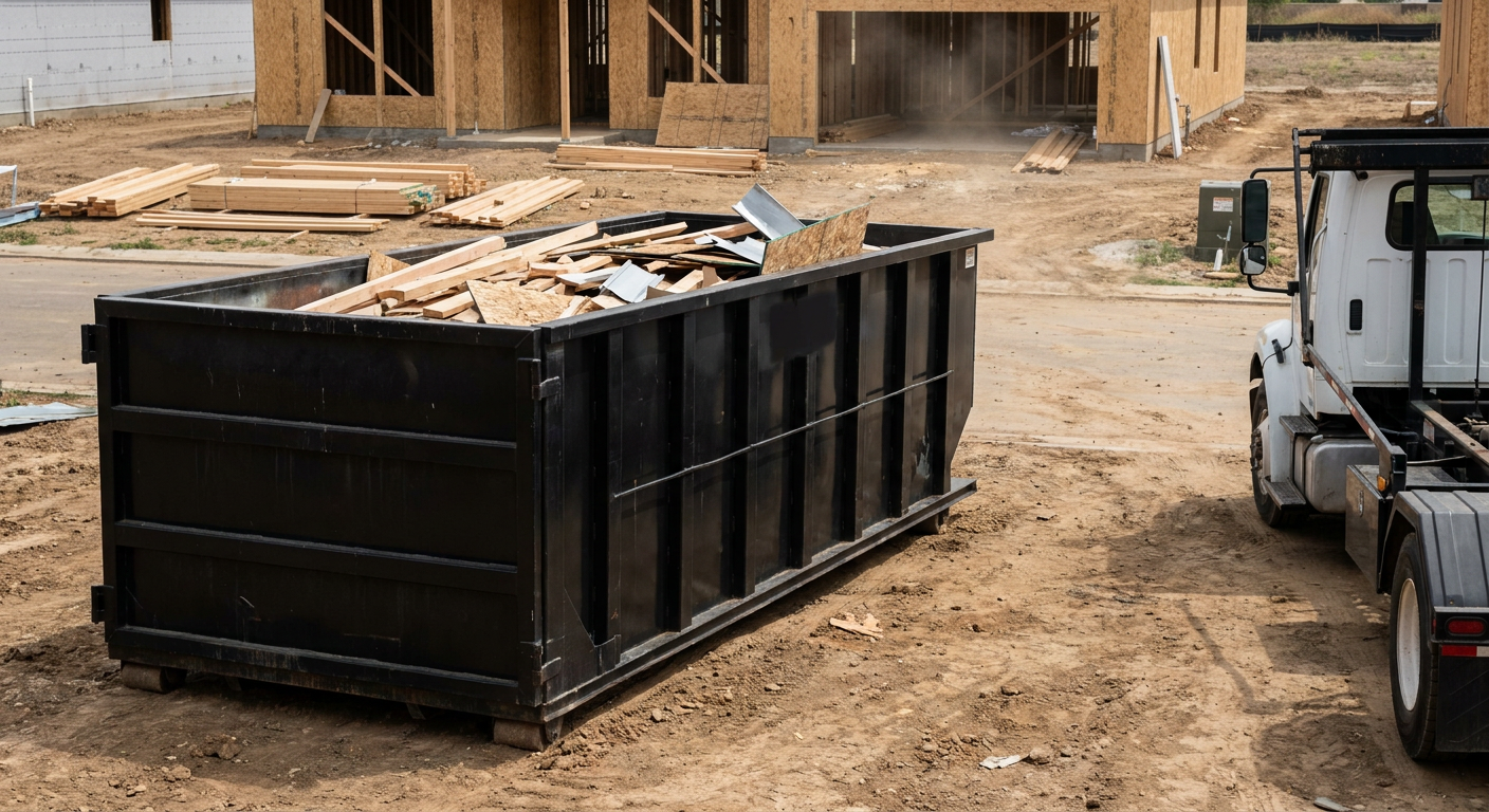 Matte-black 20-yard roll-off construction dumpster with heavy ribbed steel sidewalls and swing rear doors at a working jobsite in Dayton, sitting directly on compacted dirt with an unmarked white hauler partially visible at the far edge of the frame.