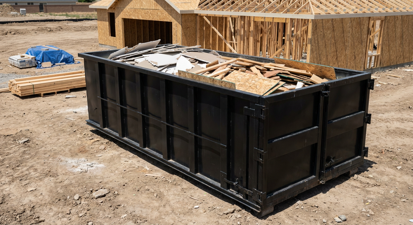 Matte-black 30-yard roll-off construction dumpster sitting directly on the compacted-dirt site of a framed single-family home build in Dayton, drywall and lumber scrap loaded inside.