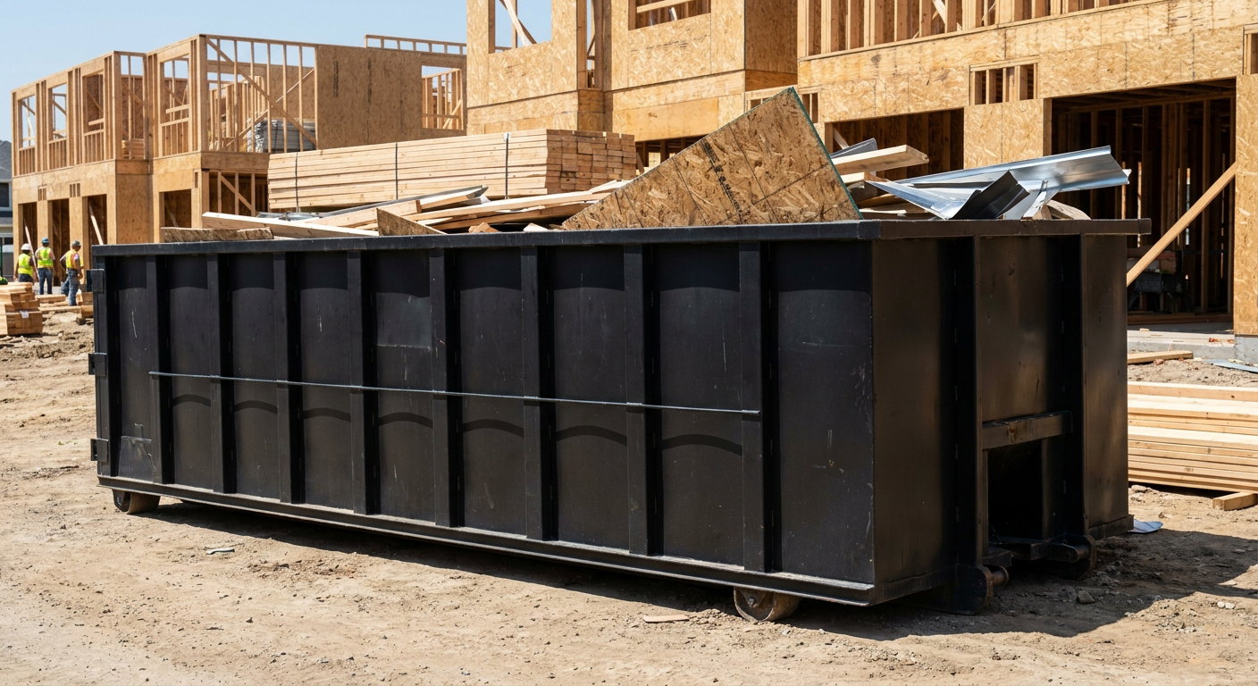 Matte-black 40-yard roll-off construction dumpster being lowered from a white-cab hooklift delivery truck onto the compacted-dirt jobsite at a commercial build site in Dayton