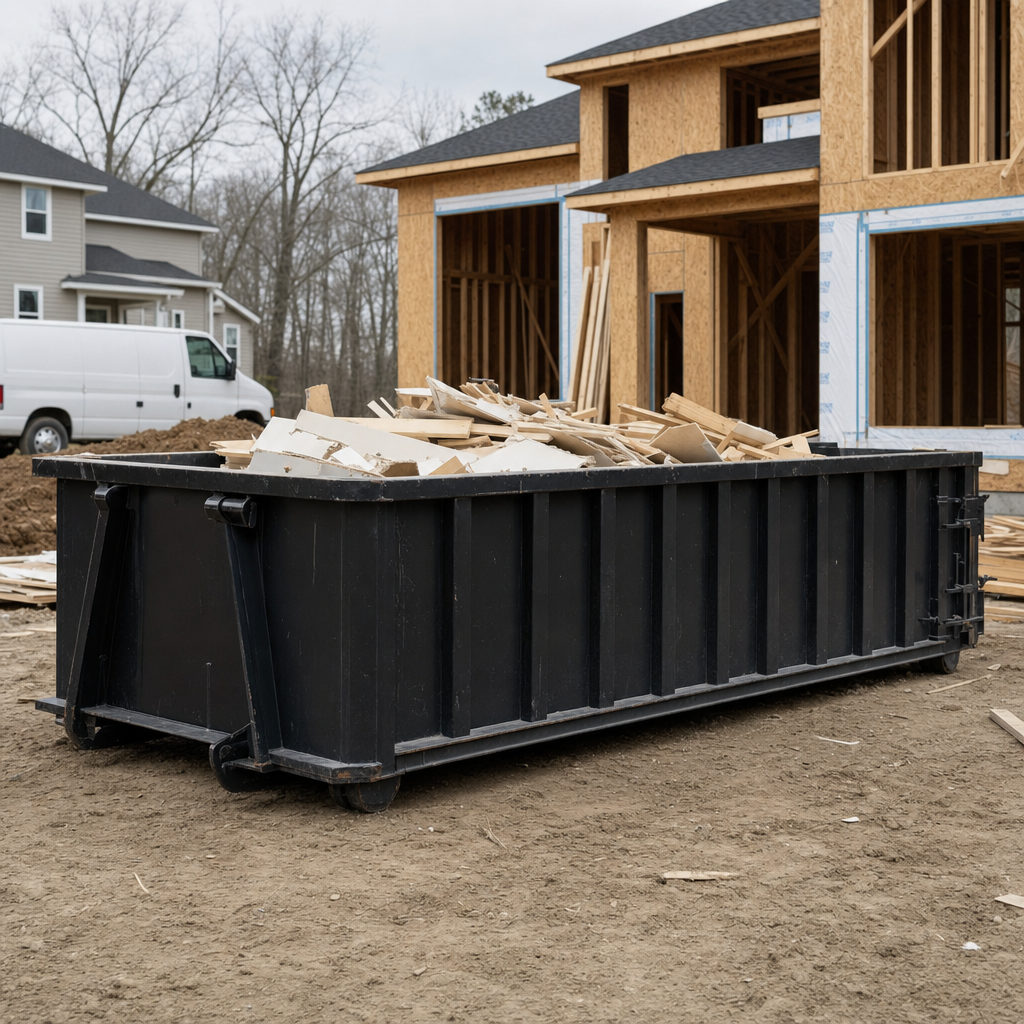 Worker in a yellow high-visibility vest tossing framing lumber and broken drywall into a matte-black 30-yard construction roll-off dumpster on an active build site in Dayton, bright daylight