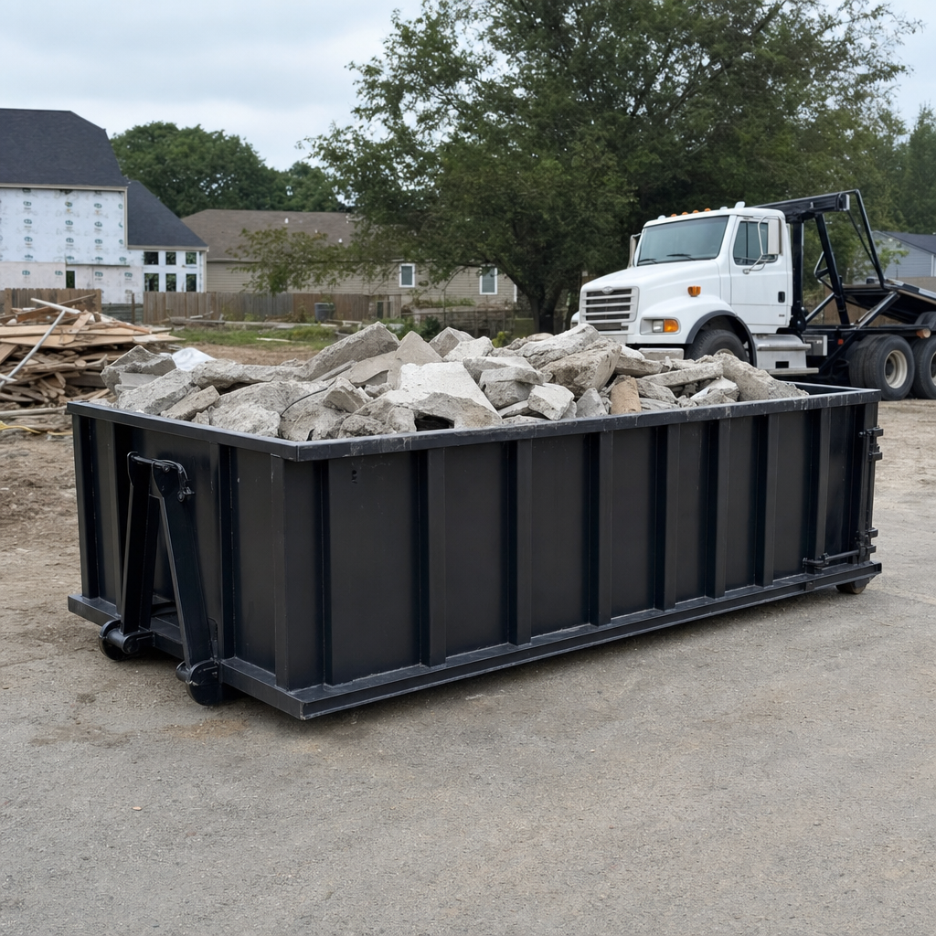 Low-profile matte-black lowboy roll-off dumpster loaded with broken concrete slab and rebar at a foundation tear-out in Dayton, skid steer parked beside it, sunny Colorado morning