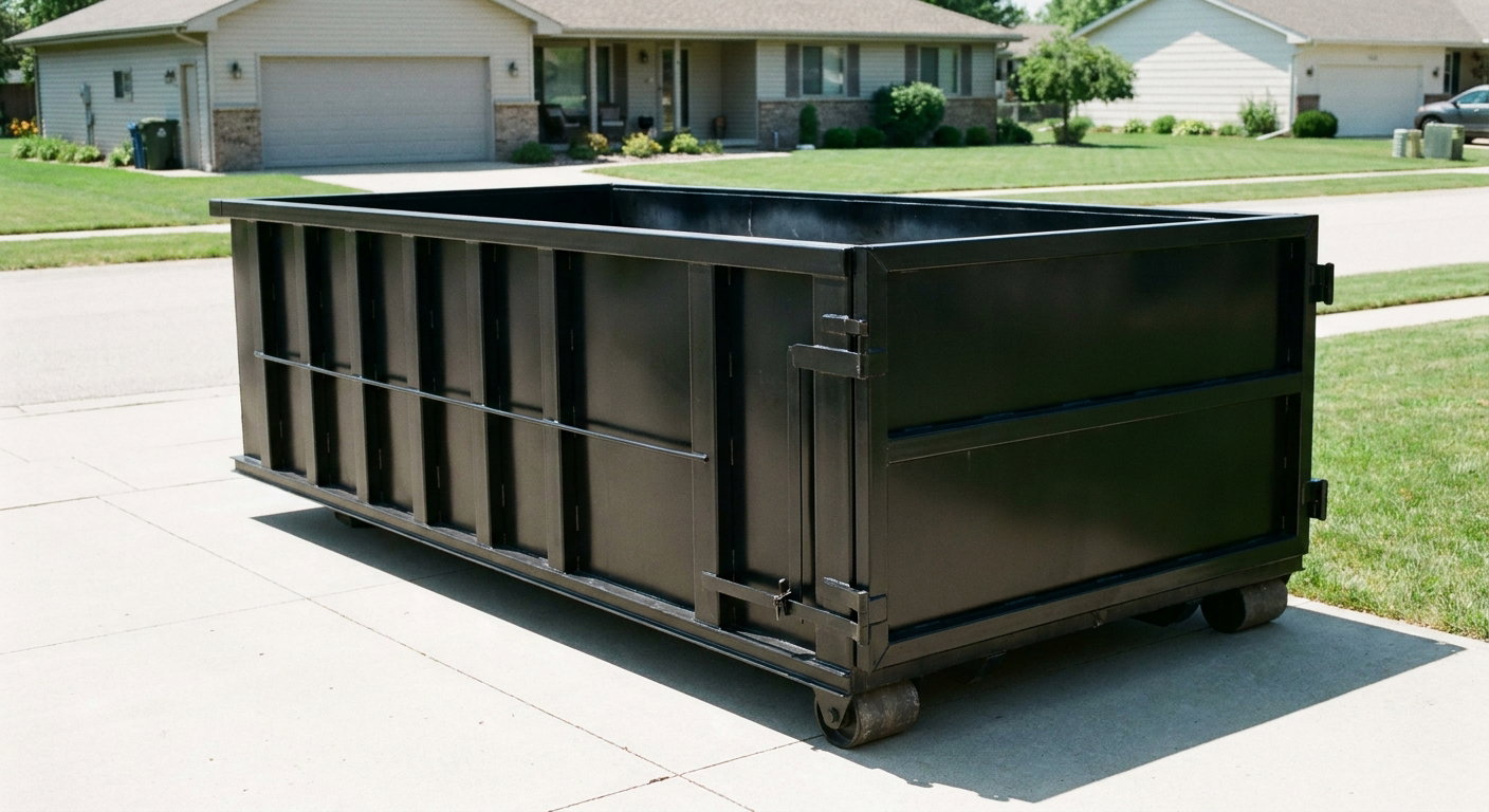 Matte-black 10-yard roll-off dumpster on a residential concrete driveway in Dayton, uniformly painted matte black across every panel and rail, ribbed steel sidewalls and rear swing door visible, mid-day daylight.
