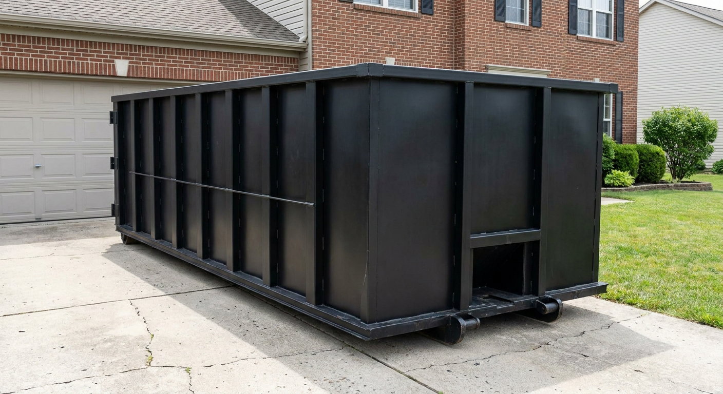 Matte-black 20-yard roll-off container on a Dayton residential concrete driveway with reinforced ribbed steel sidewalls and a hinged rear walk-in door, clean bright daylight.
