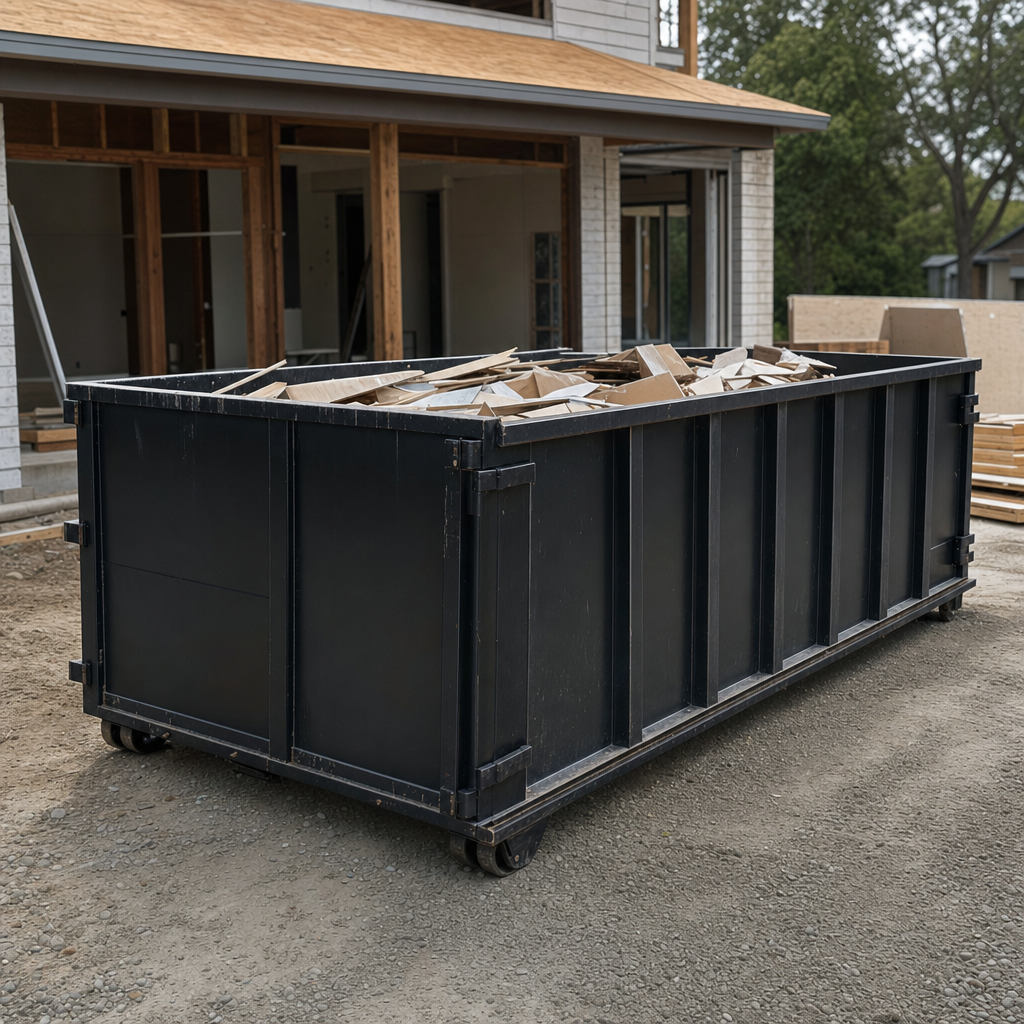 Large matte-black 30-yard construction roll-off dumpster at an active Dayton jobsite, steel-gray top rails and bottom rollers visible, loaded with construction debris.
