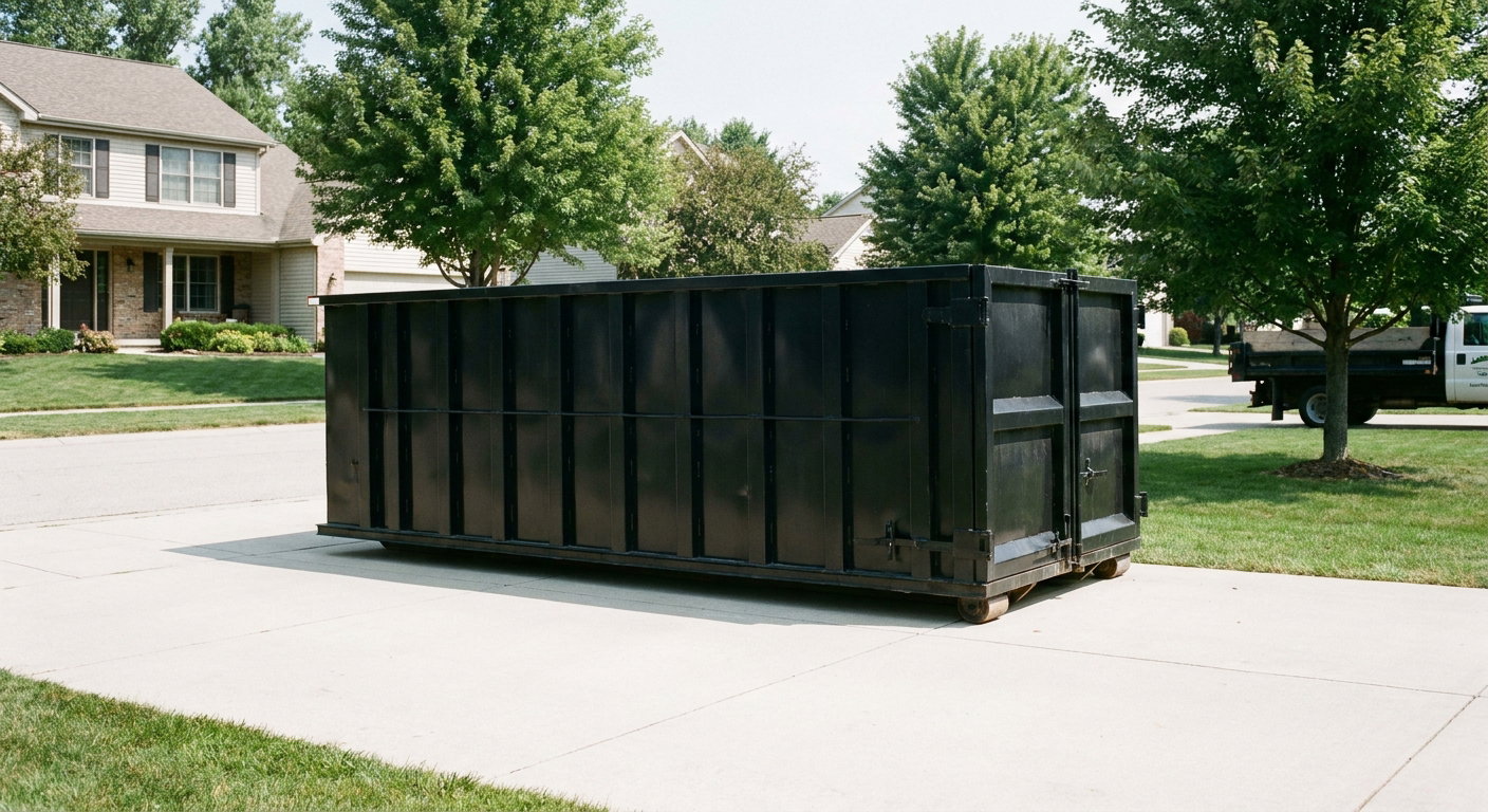 Matte-black 20-yard roll-off dumpster sitting level on a clean Dayton residential concrete driveway under bright daylight, demonstrating clean placement directly on the concrete.