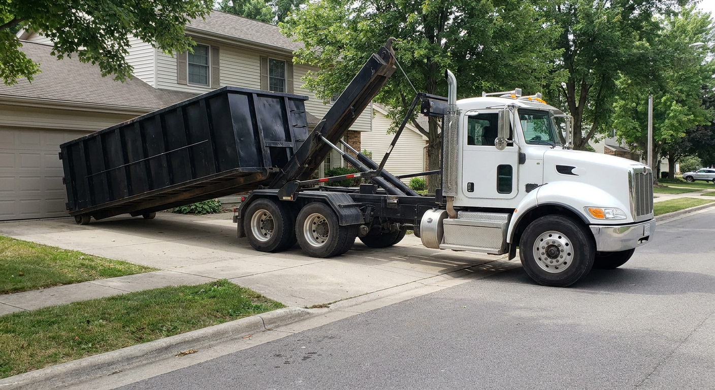 White-cab hooklift roll-off truck actively lowering a matte-black dumpster onto a Dayton residential concrete driveway, the dumpster's rear wheels touching the driveway as the hoist arm tilts the bed forward, mid-morning daylight.
