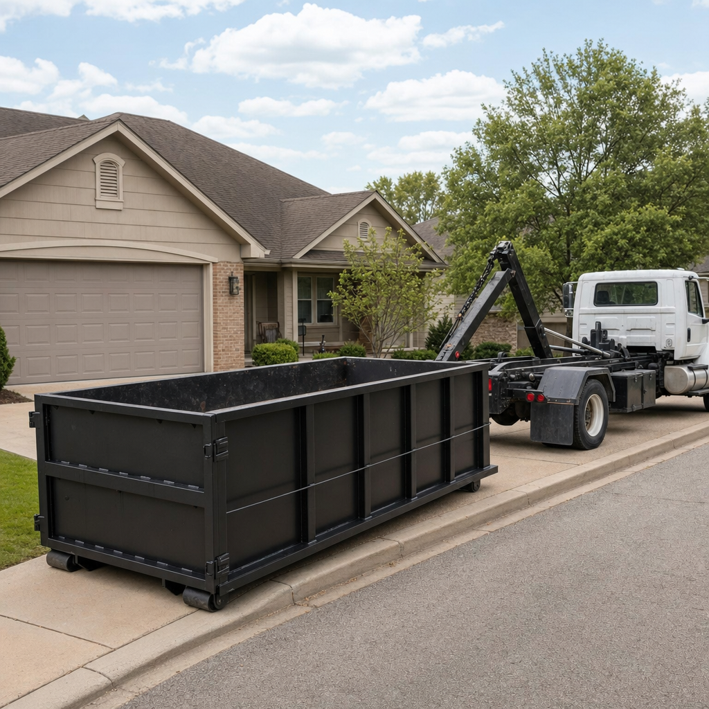 Wide documentary shot of a matte-black roll-off dumpster on a Dayton residential driveway in the foreground and a contractor jobsite container in the soft-focus background, bright daylight, calm and orderly composition.
