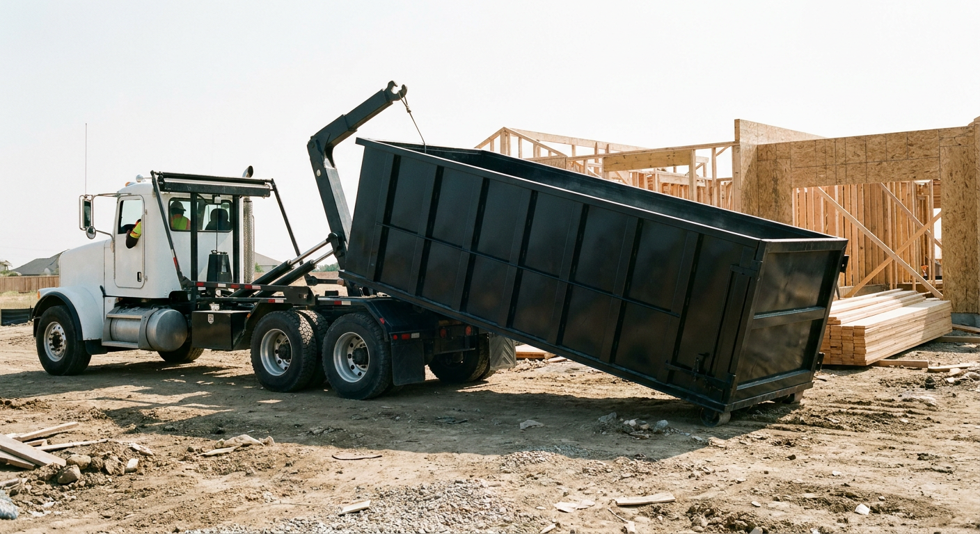 Matte-black roll-off dumpster being delivered onto a clean residential concrete driveway in Dayton by an unmarked white hooklift hauler truck, bright morning daylight, documentary 35mm perspective.