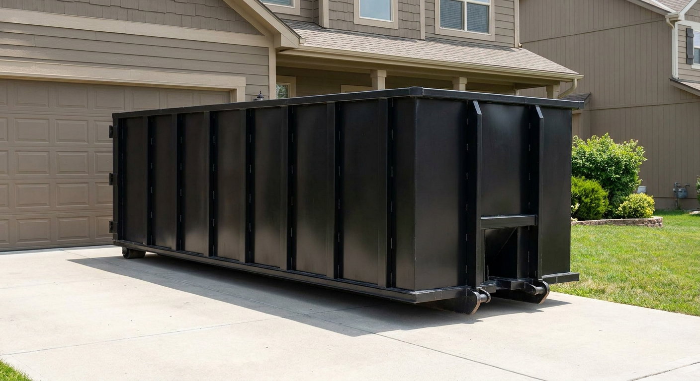 Matte-black residential roll-off dumpster sitting directly on a suburban Dayton concrete driveway, garage door closed, single-family home in background, bright morning daylight.