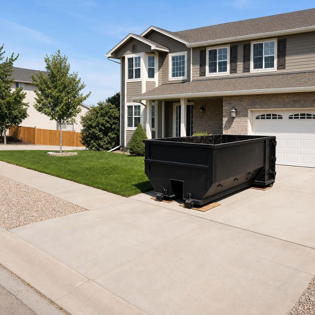 10-yard matte-black residential dumpster placed directly on a narrow Dayton concrete driveway, room remains for a parked sedan beside it, mid-morning natural light