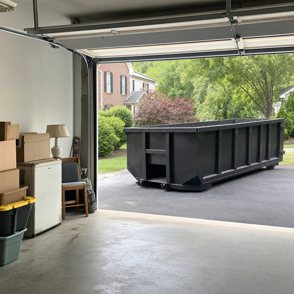 Open garage interior in a Dayton home mid-cleanout — boxed items, an old appliance, and stacked yard tools queued near the driveway for a matte-black roll-off dumpster, organized and calm