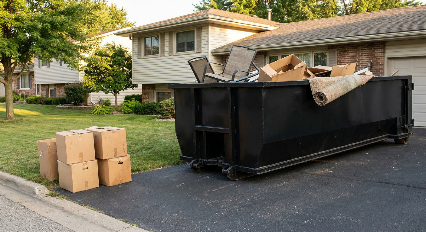 Front-yard view of a Dayton split-level home with a 20-yard matte-black roll-off dumpster sitting directly on the asphalt driveway, a few clearly labeled donation boxes staged at the curb, calm sunny afternoon.