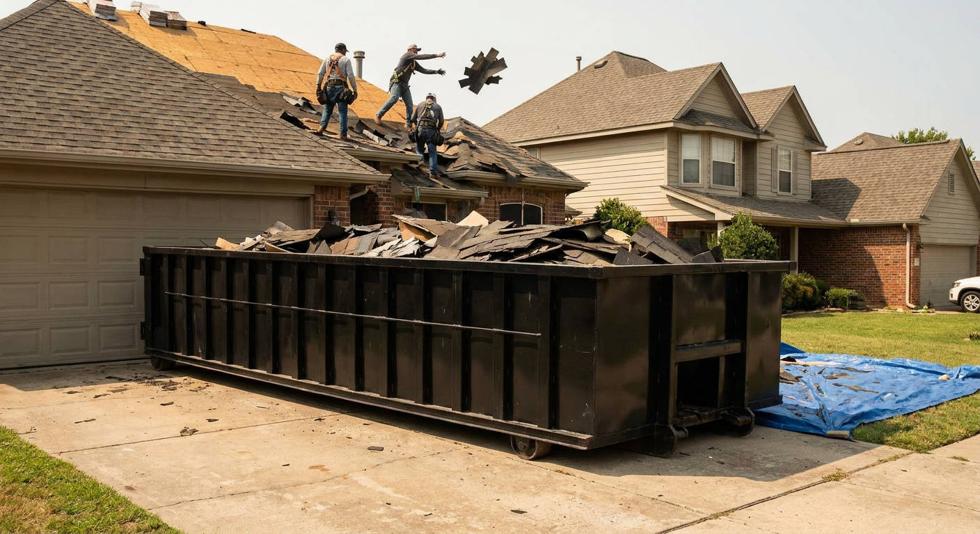 Matte-black roofing roll-off dumpster placed directly on a Dayton residential concrete driveway, a tear-off crew on a two-story asphalt-shingle roof tossing shingle bundles into the low-walled container, bright daylight, documentary 35mm perspective.
