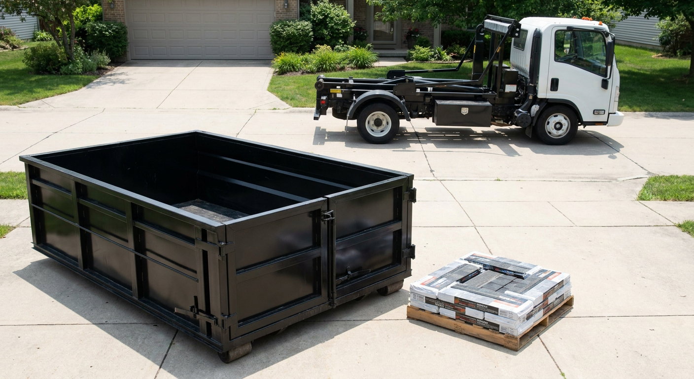 Matte-black 15-yard roofing roll-off dumpster with reinforced low side walls sitting directly on a Dayton residential concrete driveway, three-tab asphalt shingle bundles stacked nearby, an unmarked white hauler truck partially visible at the edge of the frame.
