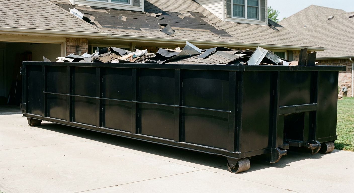 Matte-black 20-yard roofing roll-off dumpster with steel ribbed sides and swinging rear door, sitting directly on the concrete driveway of a two-story Dayton home, asphalt shingle debris being loaded over the low wall, clean documentary lighting.