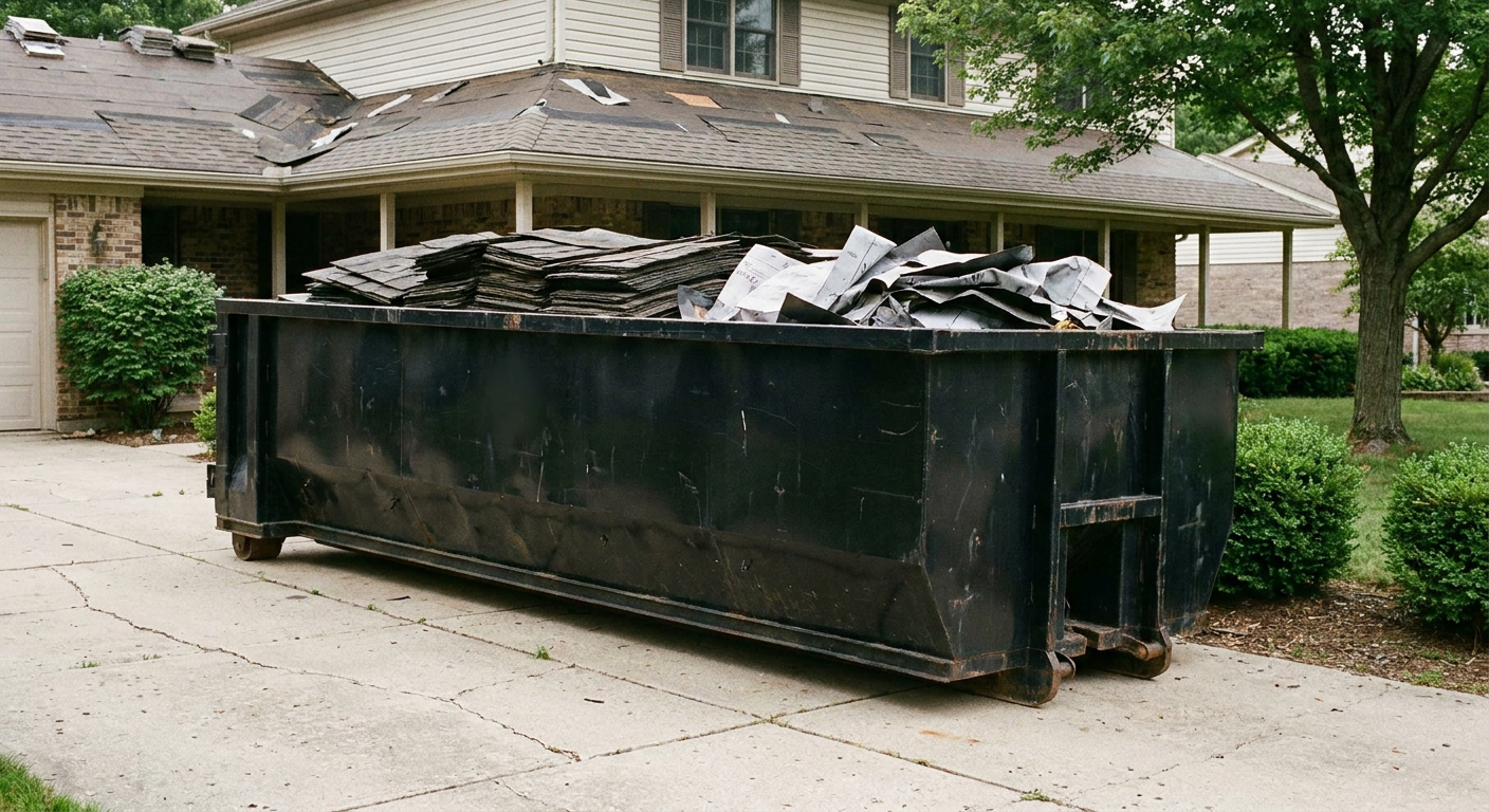 Matte-black 30-yard roofing roll-off dumpster sitting directly on a Dayton concrete driveway, taller ribbed steel side panels, mixed tear-off debris of asphalt shingles and underlayment inside, professional documentary daylight.