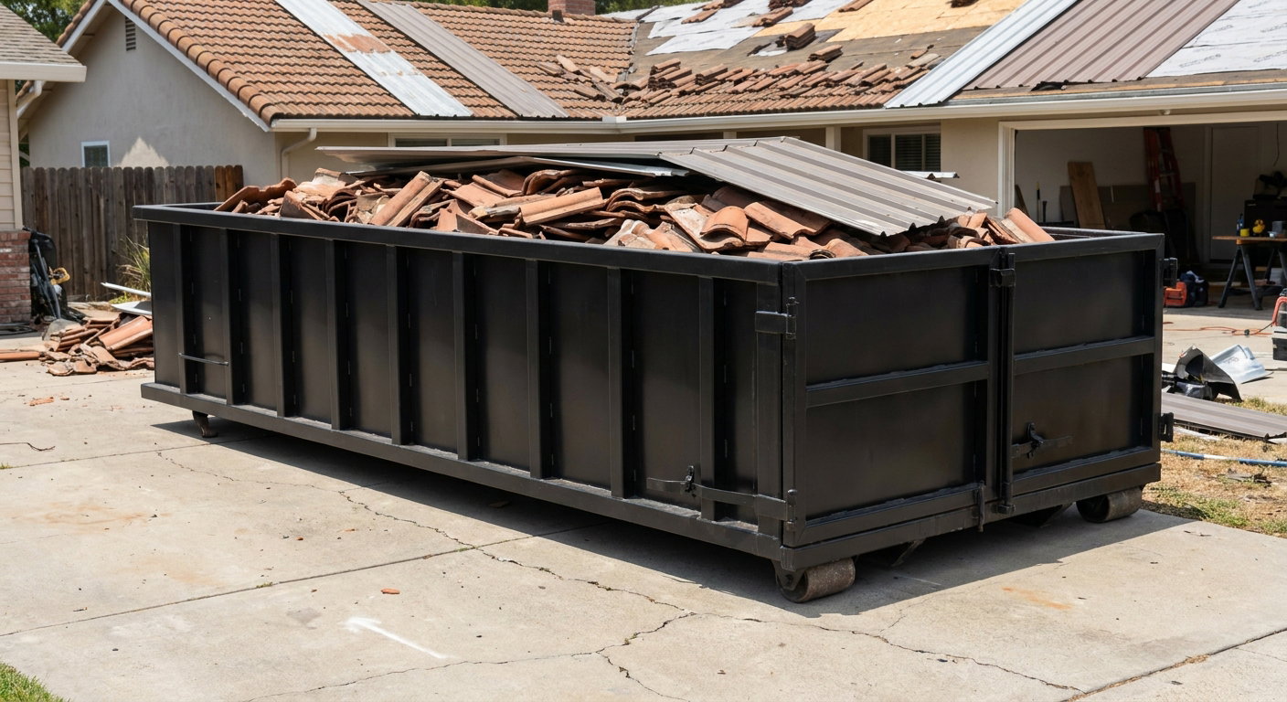 Matte-black low-wall heavy-debris roofing roll-off dumpster sitting directly on a Dayton concrete driveway, broken concrete clay roof tiles and metal panel sections loaded inside, reinforced ribbed steel side walls visible, bright outdoor daylight.