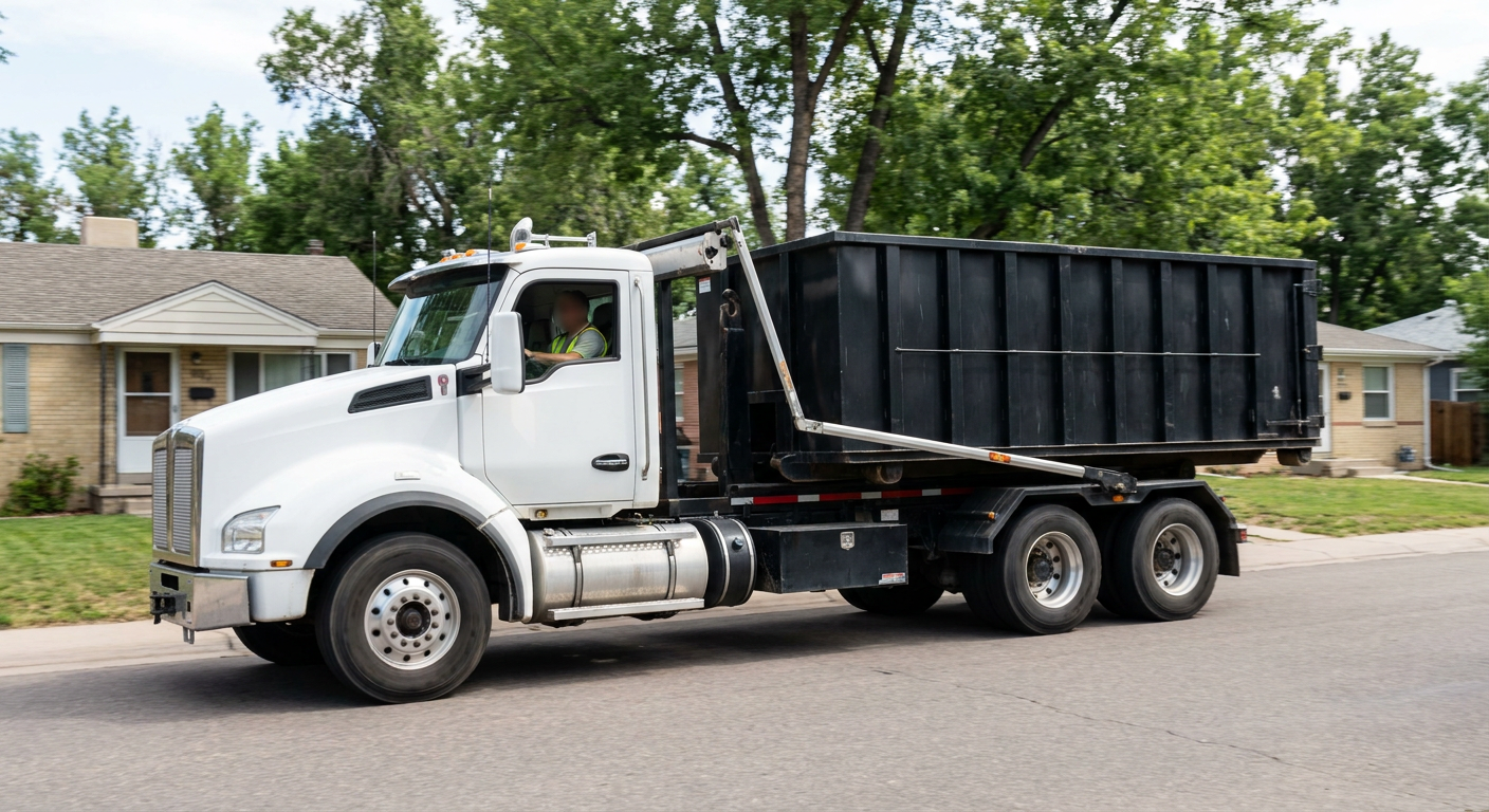 A wide documentary shot of a matte-black roll-off delivery truck pulling onto a quiet Dayton residential street at mid-morning, with neighborhood rooftops and tree-lined blocks visible behind, showing the metro coverage footprint.