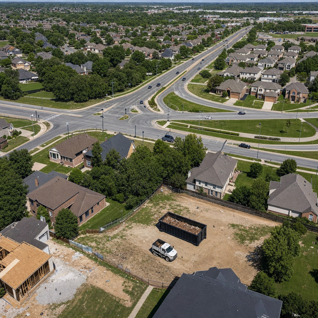 An overhead documentary view of the Dayton metro area at midday, showing the spread of neighborhoods, arterial roads, and the dispatch radius from a central yard — clean daylight, organized geographic layout.