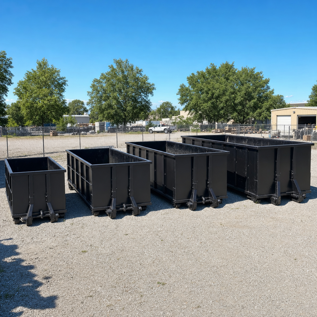A clean lineup of matte-black roll-off dumpsters in 10, 20, 30, and 40-yard sizes staged on a sunlit gravel yard in Dayton, showing the size progression from compact to commercial-scale containers.
