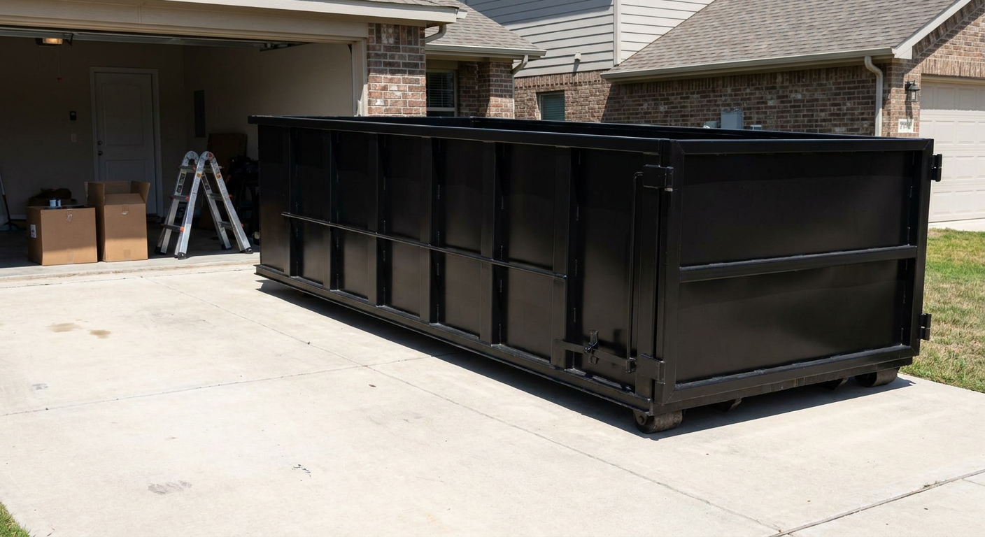 A matte-black 10-yard roll-off dumpster sitting directly on a residential Dayton concrete driveway, mid-day sunlight, clean and ready for a garage cleanout.