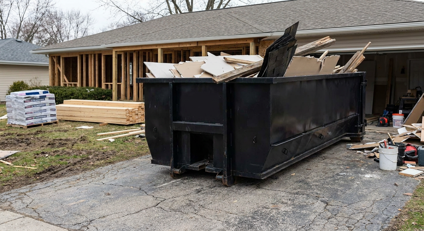 A matte-black 20-yard roll-off dumpster placed alongside a mid-renovation Dayton home directly on the asphalt driveway, with framing materials and torn-off shingles staged neatly nearby.