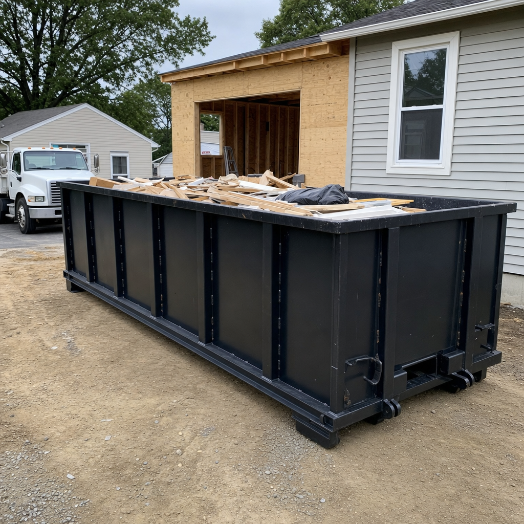 A matte-black 30-yard roll-off dumpster positioned at a Dayton residential addition jobsite, with framing lumber and drywall scraps loaded through the open swinging rear doors.