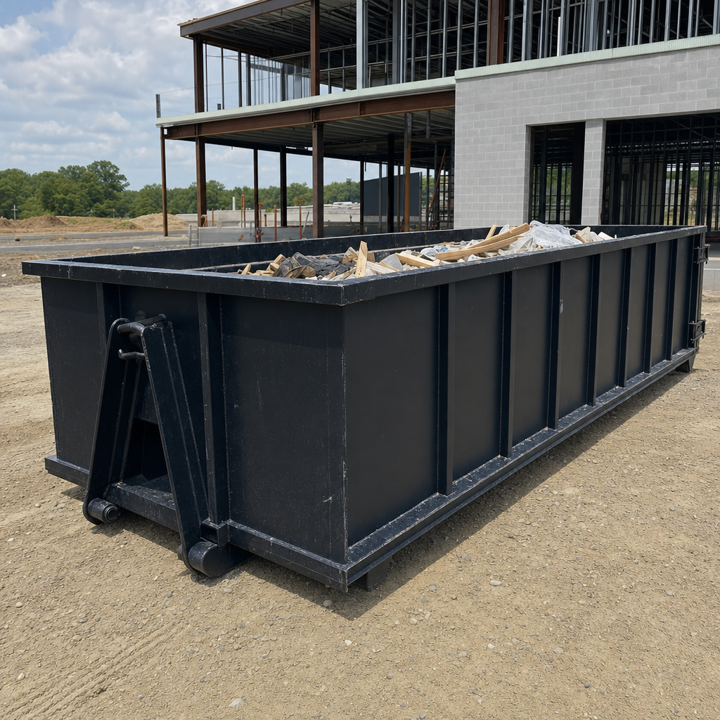A matte-black 40-yard roll-off dumpster staged on a large Dayton commercial construction lot, with a hooklift delivery truck parked alongside under bright midday sky.