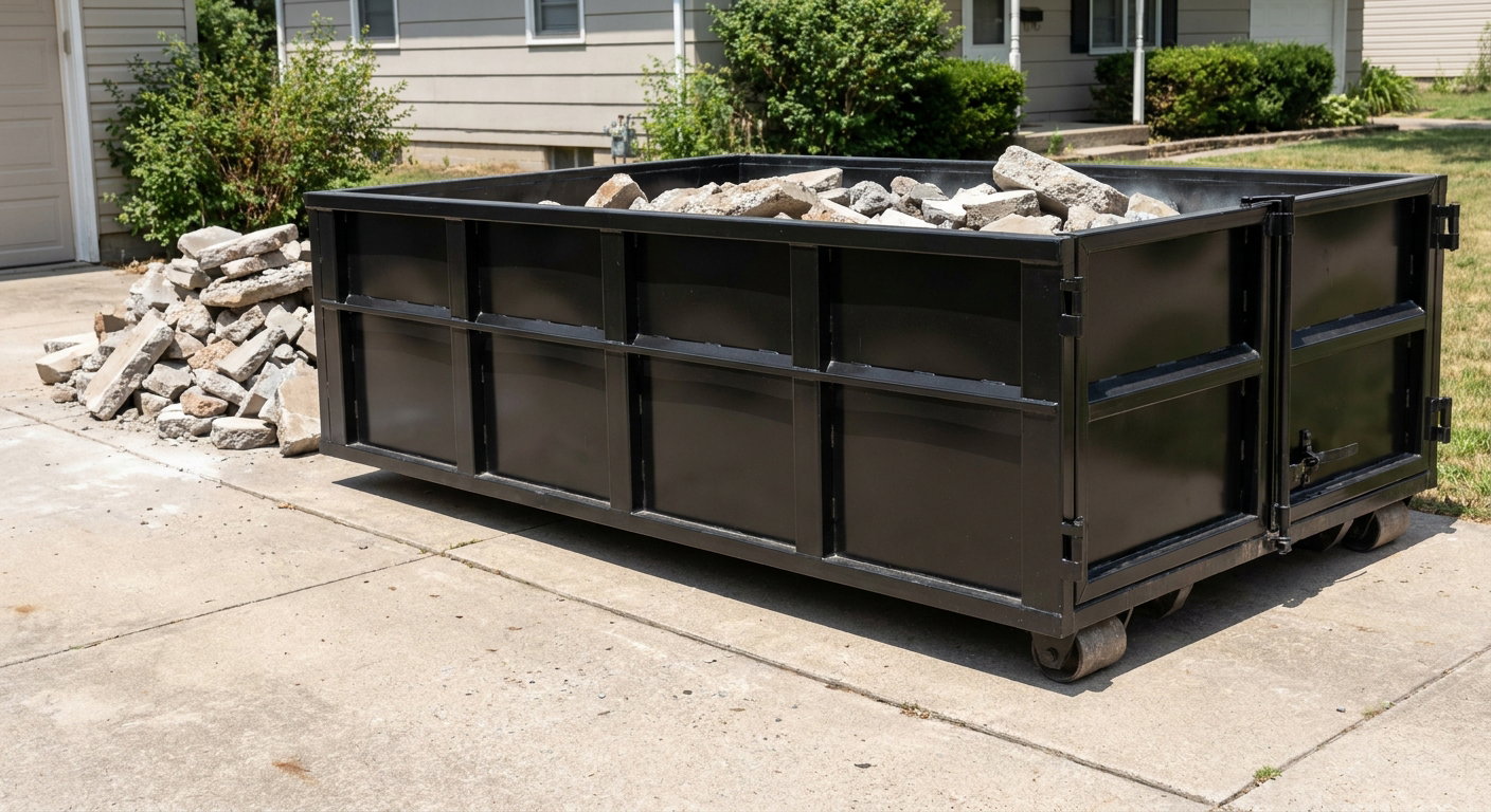A matte-black low-side heavy-debris roll-off dumpster placed directly on a Dayton concrete driveway, with broken concrete chunks neatly stacked beside it under clean daylight.